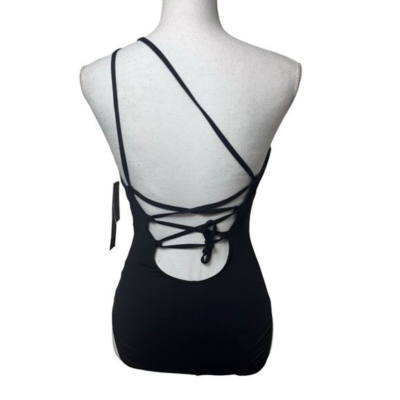 LA BLANCA ISLAND GODDESS LACE BACK ONE SHOULDER ONE PIECE BLACK SIZE 4 NWT - Picture 3 of 6